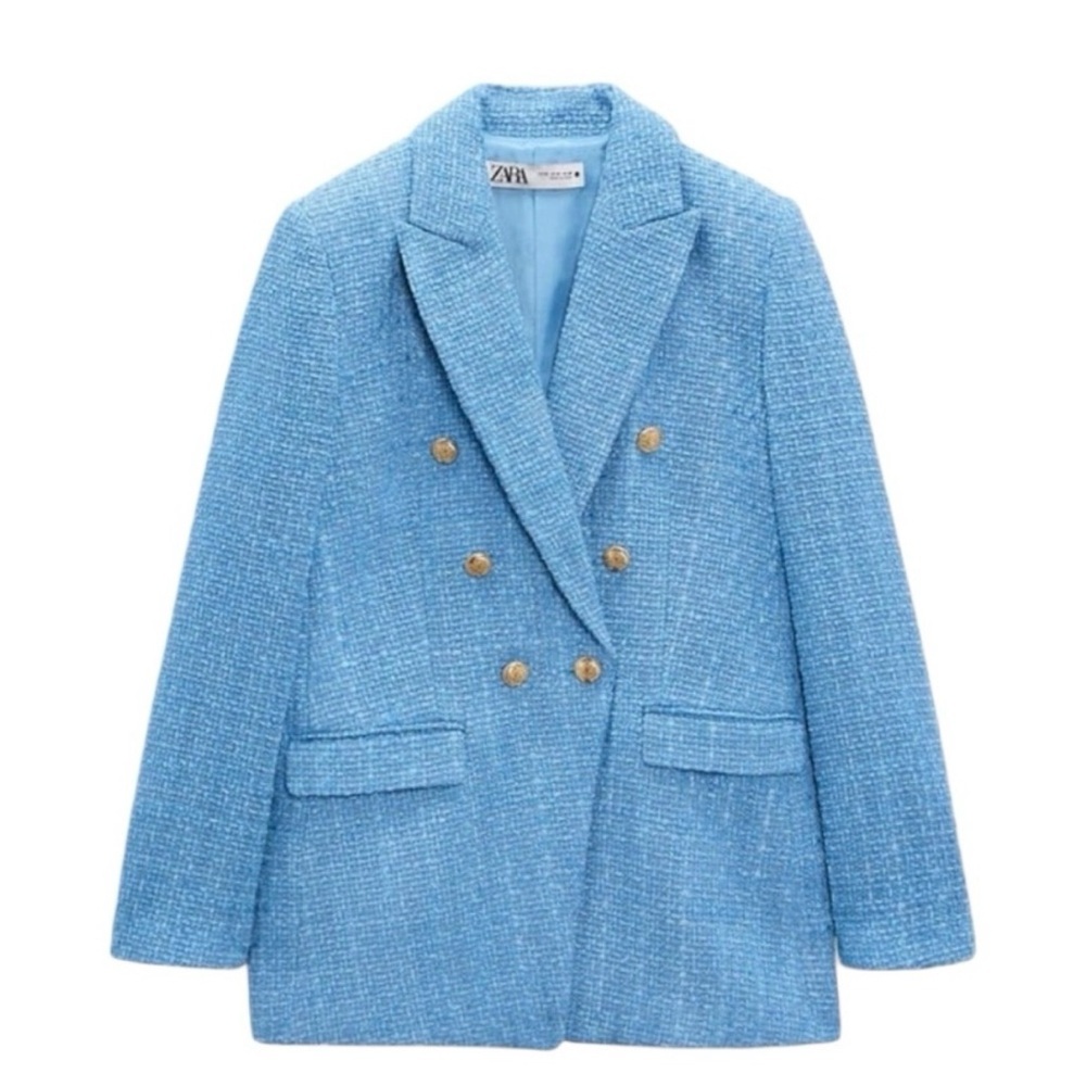 💙🦋Zara Blue Tweed Long Fitted Double Breasted Blazer Size Small🦋💙